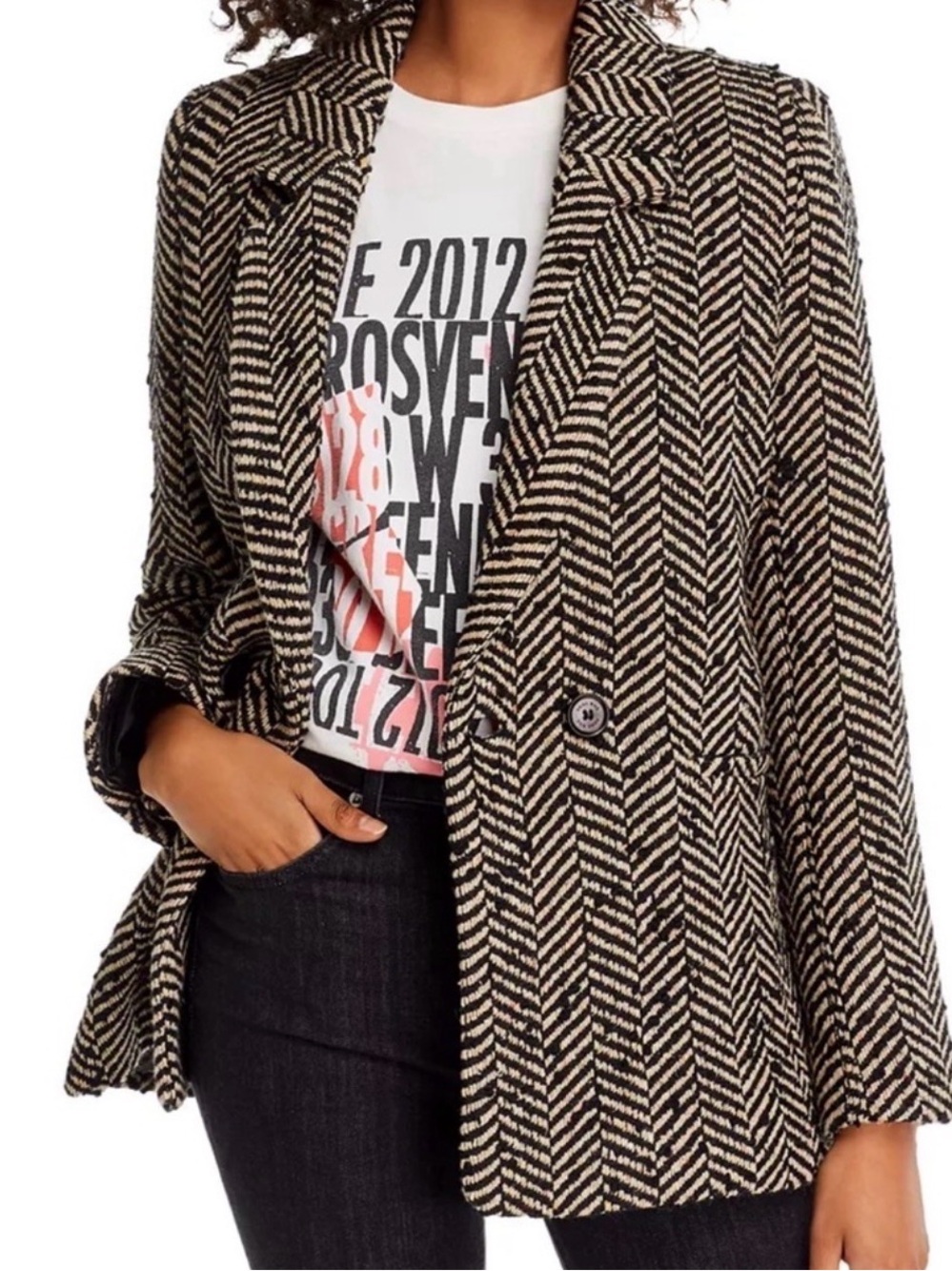 ANINE BING Diana Double-Breasted Herringbone Tweed Blazer Wool Blend Sz L